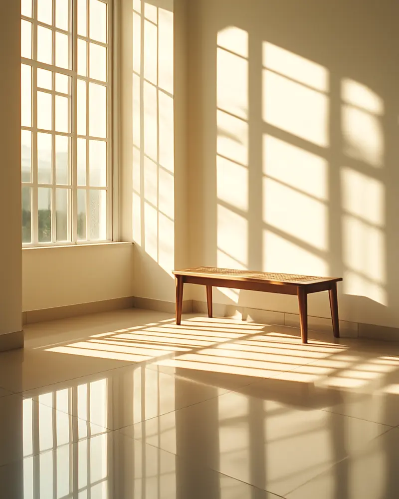 A bench under a tall window, its shadow on the floor