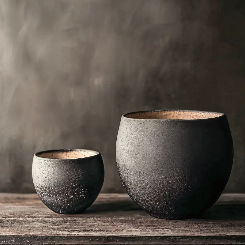 Two dark stoneware bowls with speckled bases
