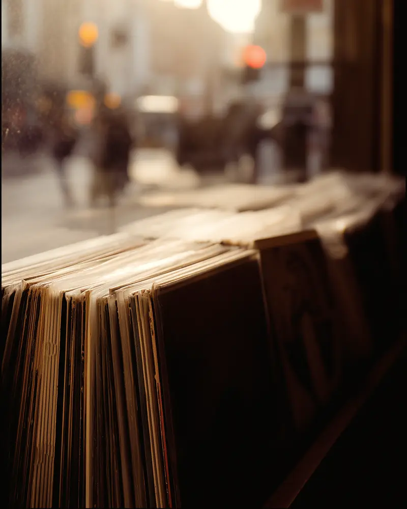 A stack of records by a window