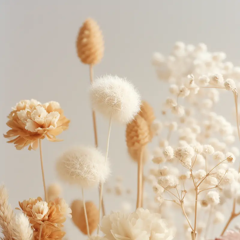 A bunch of dried flowers in cream and beige