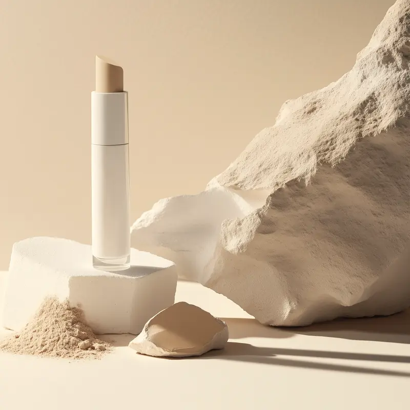 A bottle among smooth stones and powder