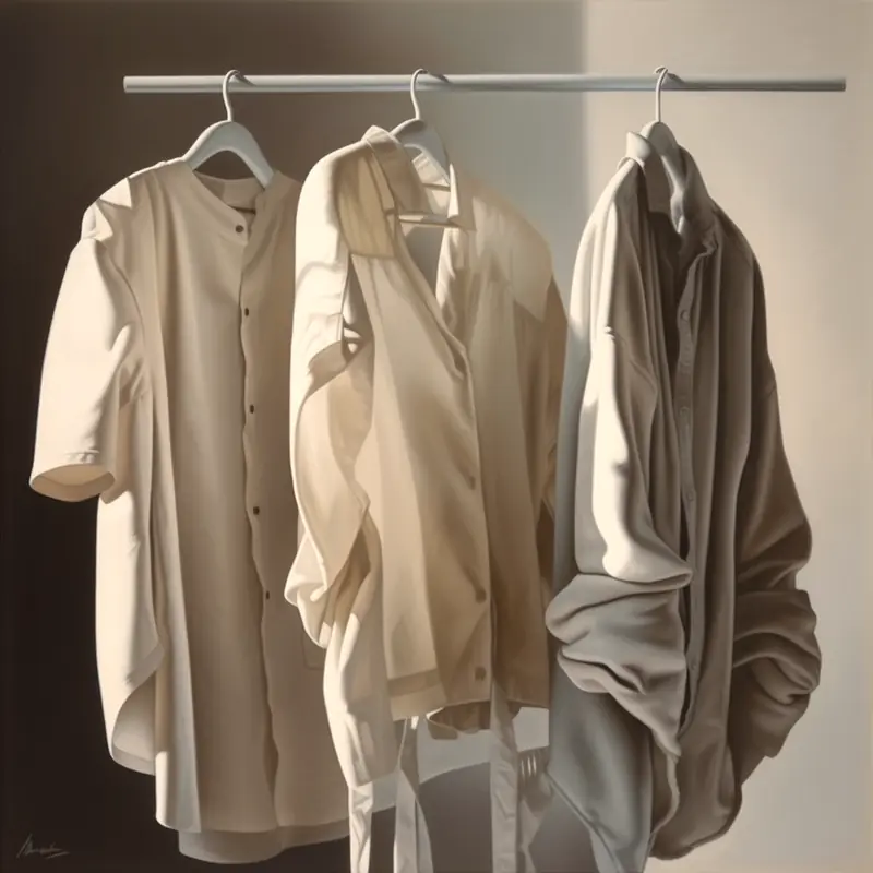Three beige shirts on hangers