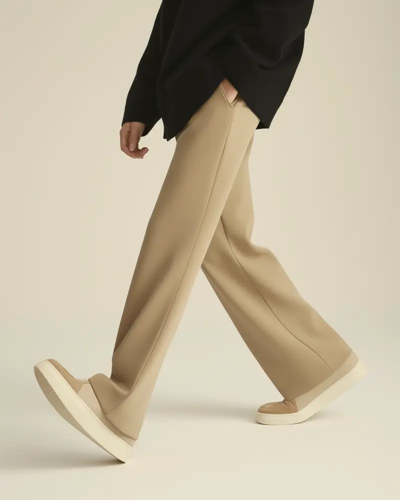 Wide beige trousers and slip-on shoes, mid-stride