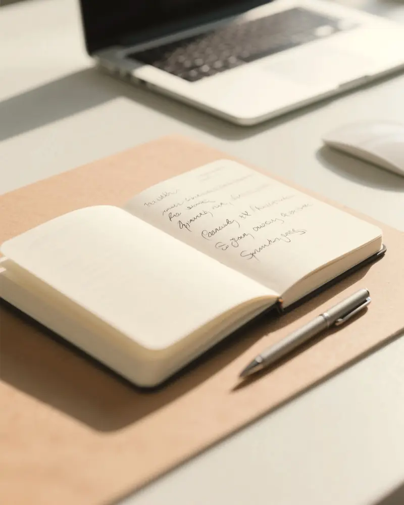 An open notebook of handwritten notes beside a laptop