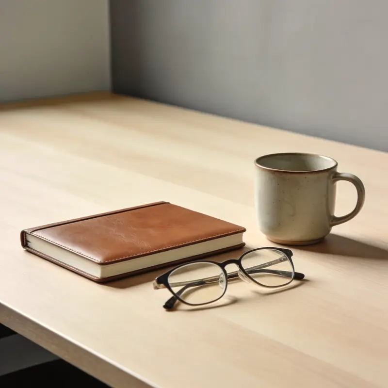 A leather notebook, glasses and a mug on a desk
