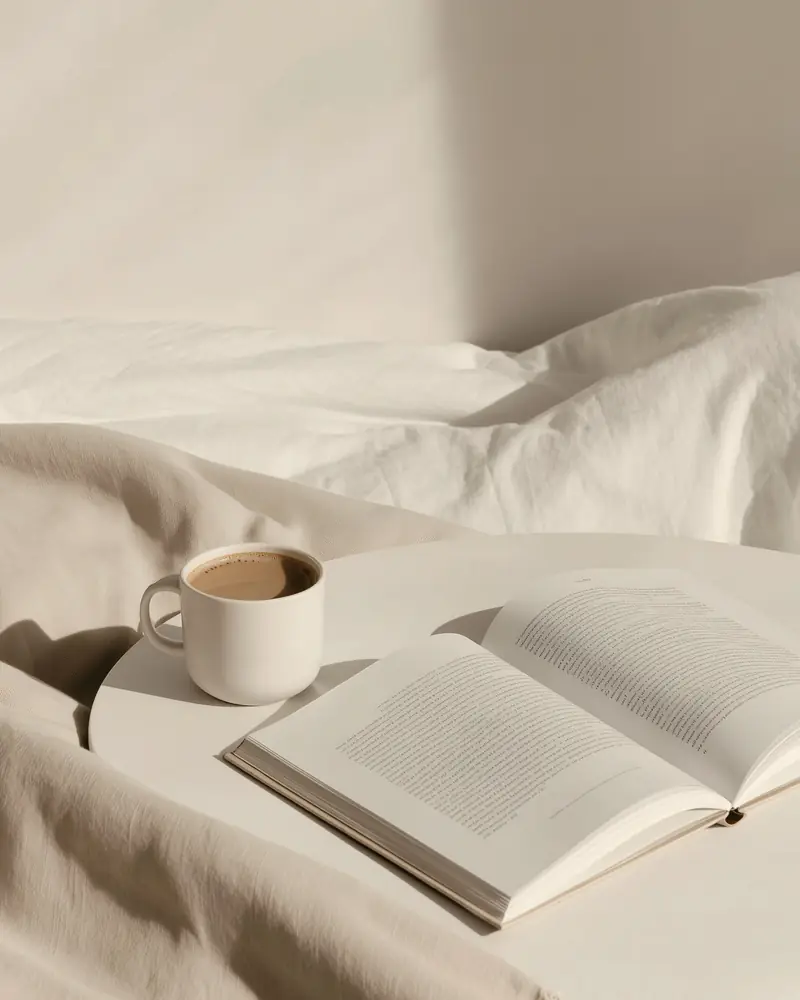 A mug and an open book among soft bedding