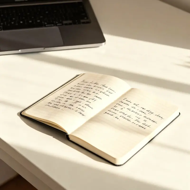 A notebook of handwritten notes on a sunlit desk