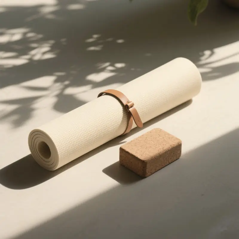 A rolled mat and a cork block in morning light