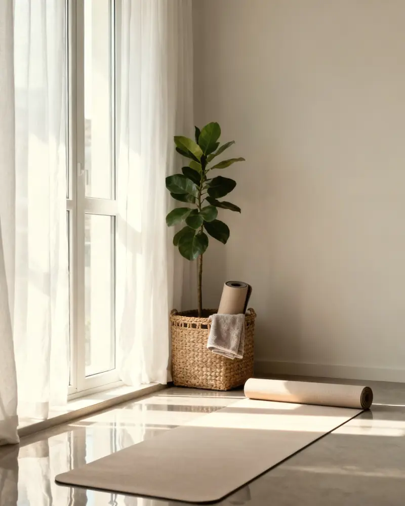 A mat laid out in a sunlit room with sheer curtains